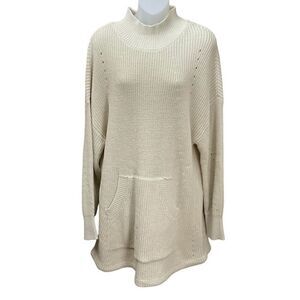 RDI Sweater Tunic Mock Turtleneck Funnel Tan Sand Kangaroo Pocket Women Small